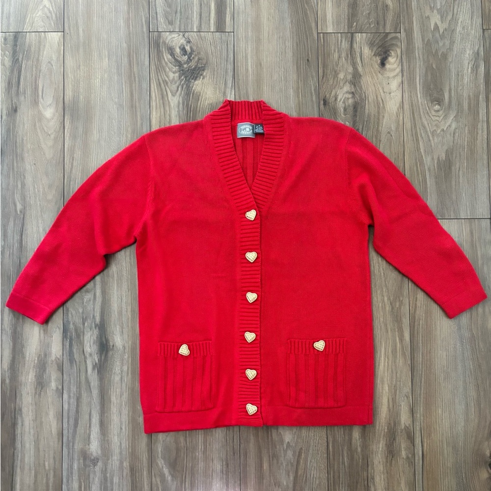 Designers Originals Red Gold Heart Buttons Valentine Cardigan Size M